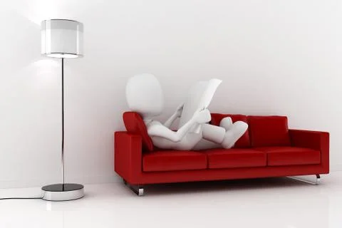 3d man reading the newspaper in a red sofa Illustrazione stock