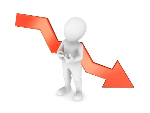 3d man with red arrow falling down. Recession. Stock Illustration