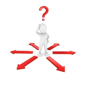 3d man with red question mark. Choosing a way. Stock Illustration