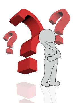 3d man with red question marks over white background made in 3d software Illustrazione stock