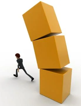 3d man running from falling cube building concept Ilustración de archivo