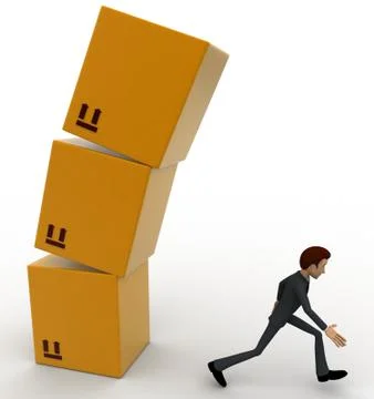 3d man running from falling cube building concept Stock Illustration