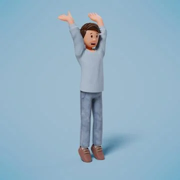 3d man scared and stood on tiptoe while raising both hands up Stock Photos