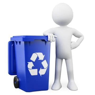 3d man showing a blue bin for recycling Stock Illustration