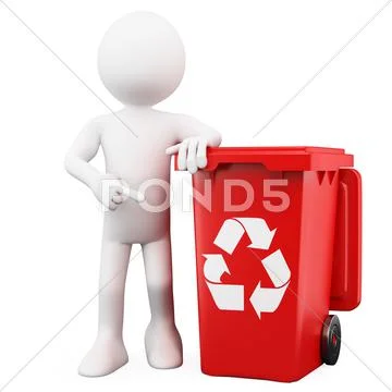 3d man showing a red bin for recycling Stock Illustration