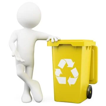 3d man showing a yellow bin for recycling Stock Illustration