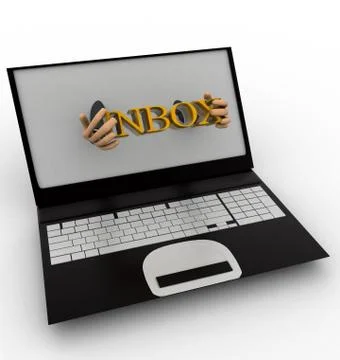 3d man shows inbox text through laptop concept Stock Illustration