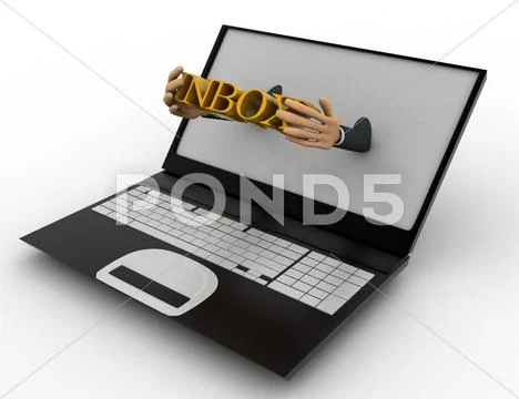 3d man shows inbox text through laptop concept: Royalty Free #53901546