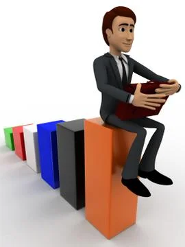 3d man sitting on bar graph and working  concept Stock Illustration