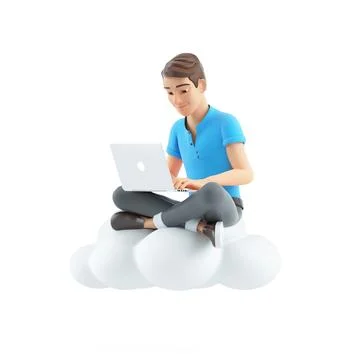 3d man sitting on cloud and using laptop Stockillustratie