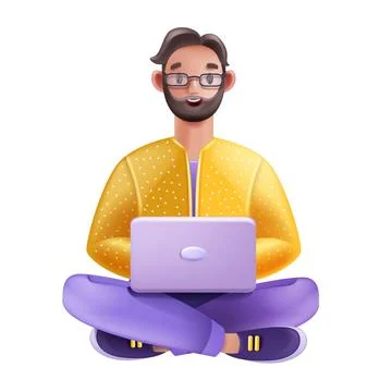 3D man sitting with laptop, vector cartoon male character face, glasses Stock Illustration