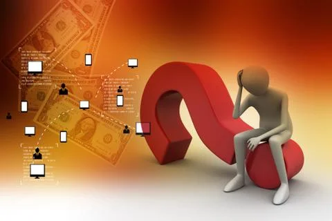 3d man sitting on the question mark Illustrazione stock