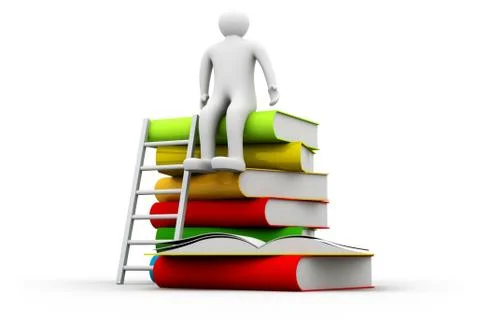 3d man sitting on stack of books and ladder. Stock Illustration