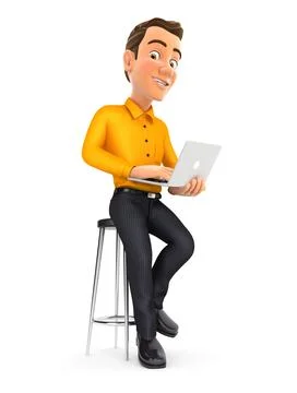 3d man sitting on stool with laptop Stock Illustration
