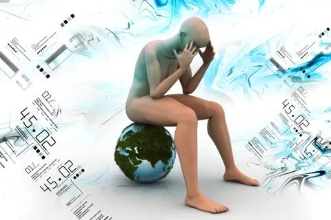 3d man sitting on the top of the globe Stock Illustration