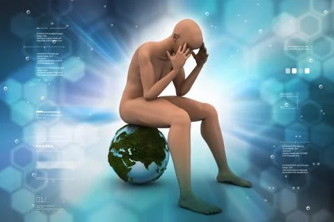 3d man sitting on the top of the globe Illustrazione stock