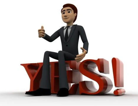 3d man sitting on yes text with exclamation mark concept Stock Illustration