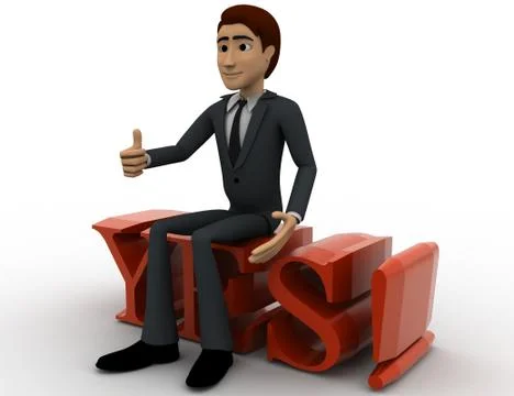 3d man sitting on yes text with exclamation mark concept Stock Illustration