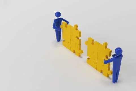 3d man, small person inserting last part of a puzzle. 3d rendering Stock Photos