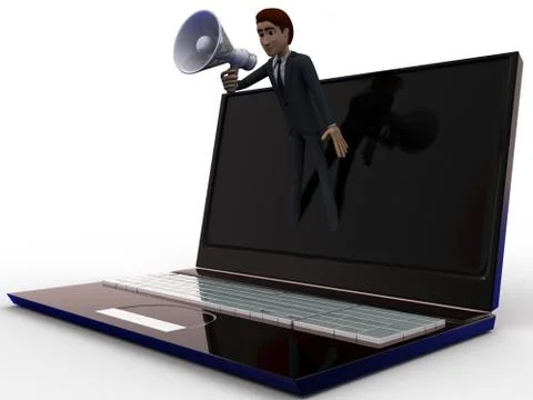 3d man speaking through laptop in speaker concept Stock Illustration