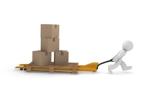 3d man with stacked cardboard boxes on a lifting cart Stock Illustration