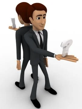 3d man stading on opssite direction and holding question mark in one hand con Stock Illustration