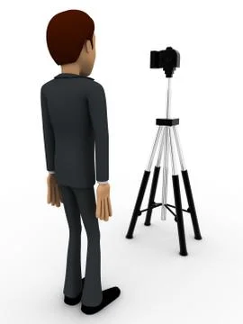3d man stand in front of camera on tripod concept Stock Illustration