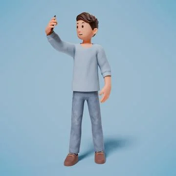 3d man stand up while holding the cellphone and lift it up Stock Photos