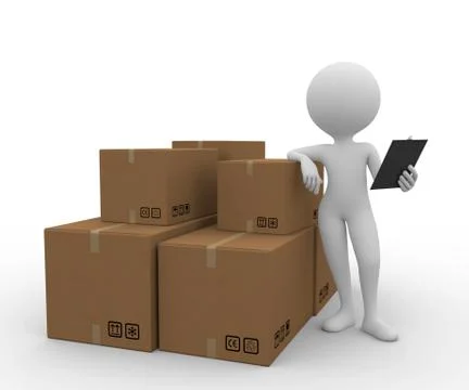 3D man standing close by post packages with clipboard Stock Illustration