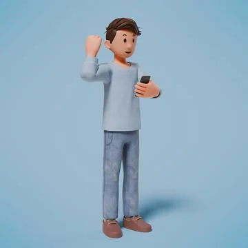3d man is standing facing the left while holding a cellphone and raising hi.. Foto stock