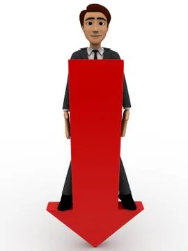 3d man standing on falling graph arrow concept Illustrazione stock