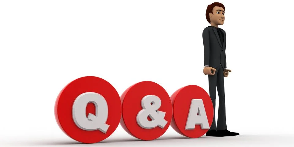 3d man standing with red circular blocks Q&amp;A text concept Stock Illustration