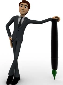 3d man standing on support of green tip foutain pen concept Stock Illustration
