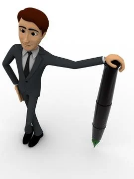 3d man standing on support of green tip foutain pen concept Stock Illustration
