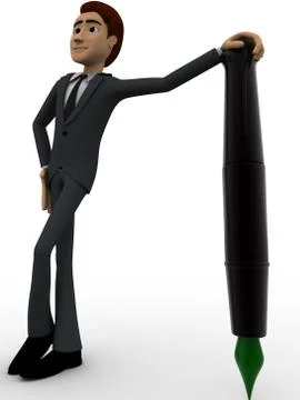3d man standing on support of green tip foutain pen concept Stock Illustration