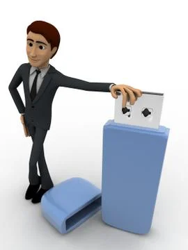 3d man standing with USB pen drive concept Illustrazione stock
