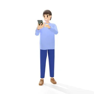 3D man standing using mobile phone on white background Stock Illustration