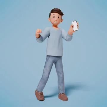 3d man standing while holding the cellphone with his left hand and showing .. Foto stock