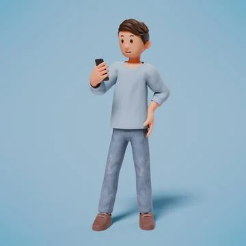 3d man standing while holding the cellphone and keeping his left hand on hi.. Stock Photos