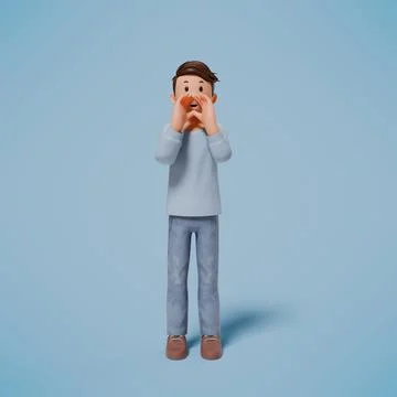 3d man stood up and kept both hands over his mouth while shouting at the scre Stock Photos