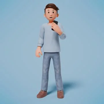 3d man stood up and stared at the screen with the cellphone in his left hand Stock-Fotos