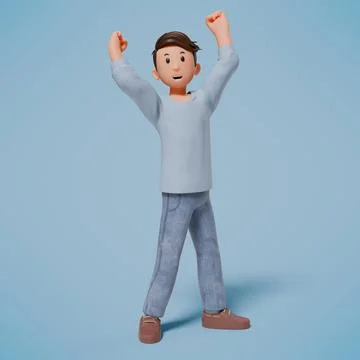 3d man stood up raising both hands while clenching his fists with a happy e.. Stock Photos