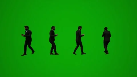 3D man in a suit on a green screen walking and talking on the phone, dancing, et Video stock 223715361