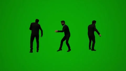 3D man in a suit on a green screen walking and talking on the phone, dancing, et Video stock 223720779
