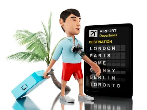 3d Man with a suitcase, camera and airport board. Stock Illustration