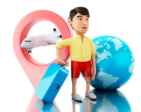 3d Man with a suitcase, map pointer and airplane. Stock Illustration