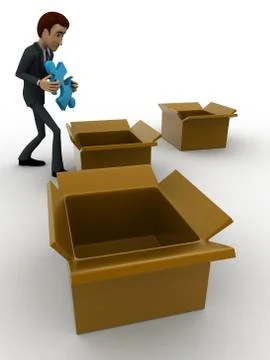 3d man taking out blue puzzle from box,s concept Stock Illustration
