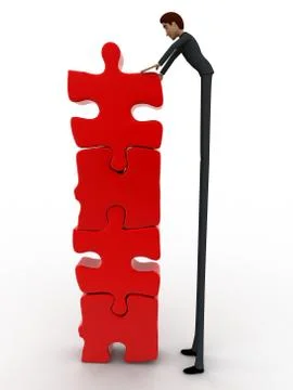 3d man team make tall construction of jigsaw puzzle piece concept Illustrazione stock