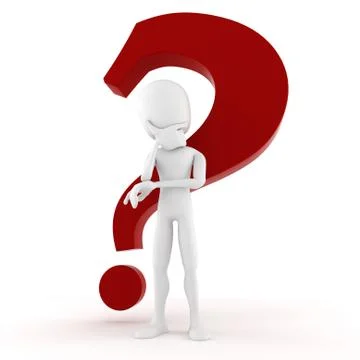 3d man thinking at  something, with a big red question mark behidf him Stock Illustration