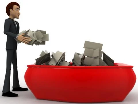 3d man throw paper in dustbin concept Stock Illustration